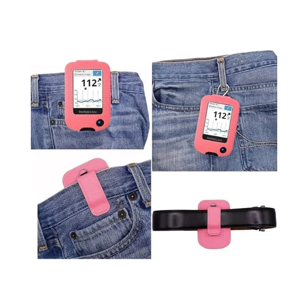 Funda de piel con clip para lector FreeStyle Libre en color rosa