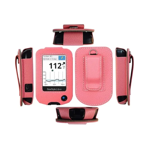 Funda de piel con clip para lector FreeStyle Libre en color rosa