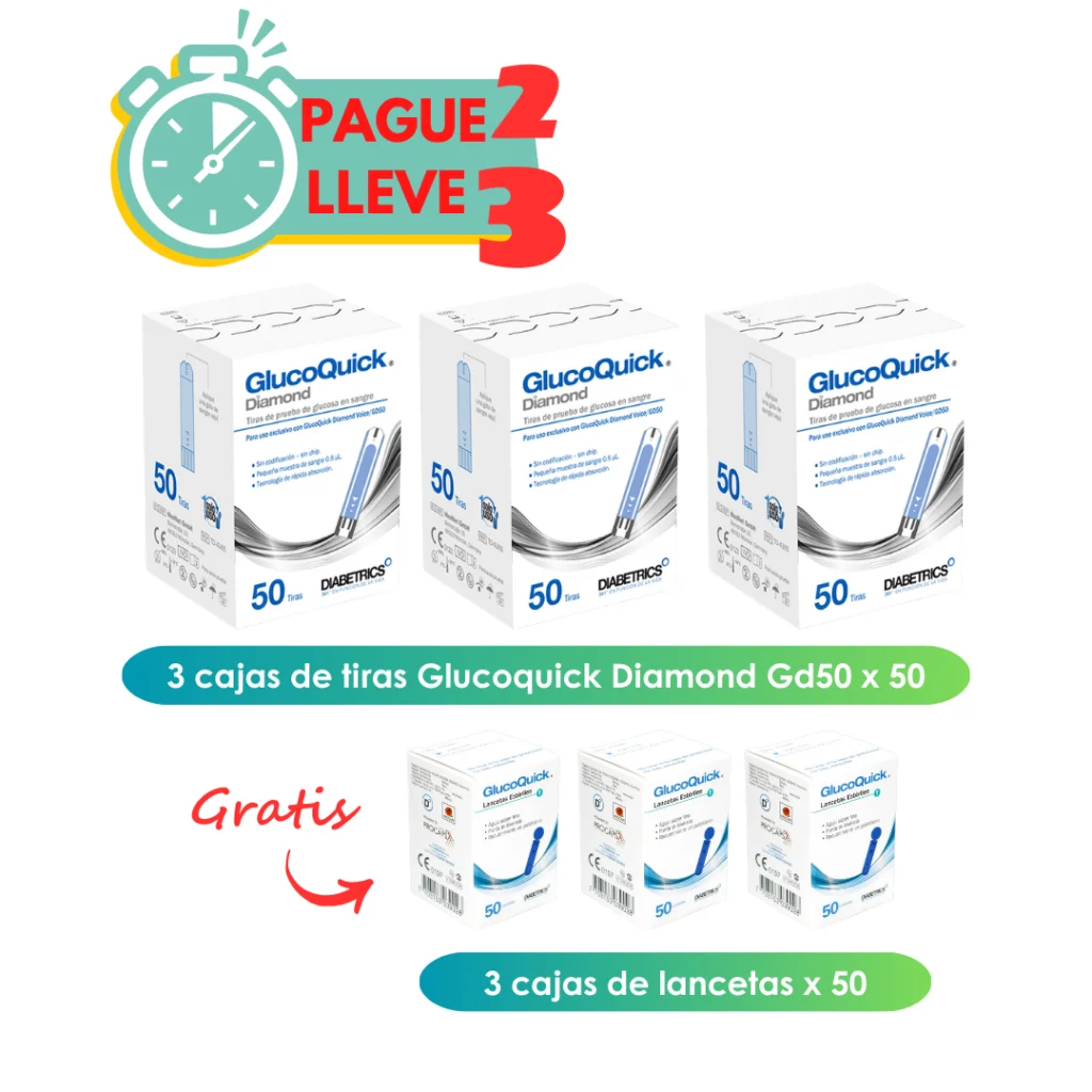 Oferta Pague 2 lleve 3 Tiras Glucoquick Diamond GD50