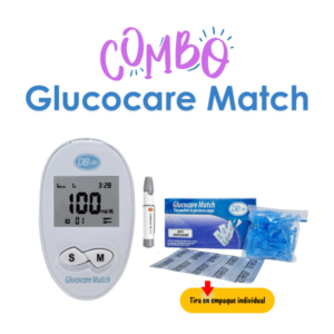 Combo GlucoCare Match: Glucómetro + 50 Tiras (Empaque Individual) + 50 Lancetas
