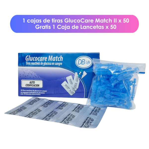 Tiras Reactivas GlucoCare Match x 50 (Empaque Individual) + 50 Lancetas
