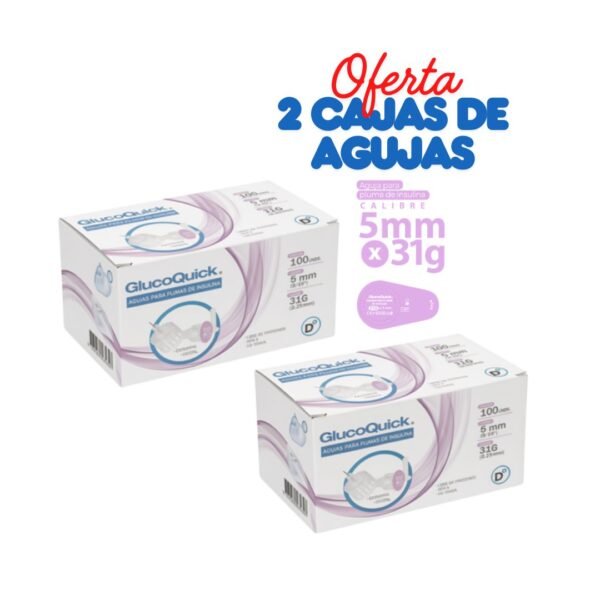 Pack de 2 cajas de agujas GlucoQuick 5mm x 31G para esfero de insulina