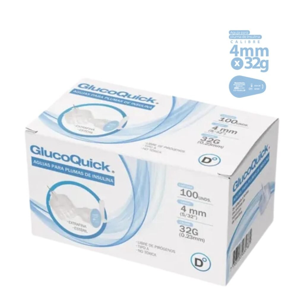 Caja de agujas para esfero o pluma de insulina 4mm 32G universales.