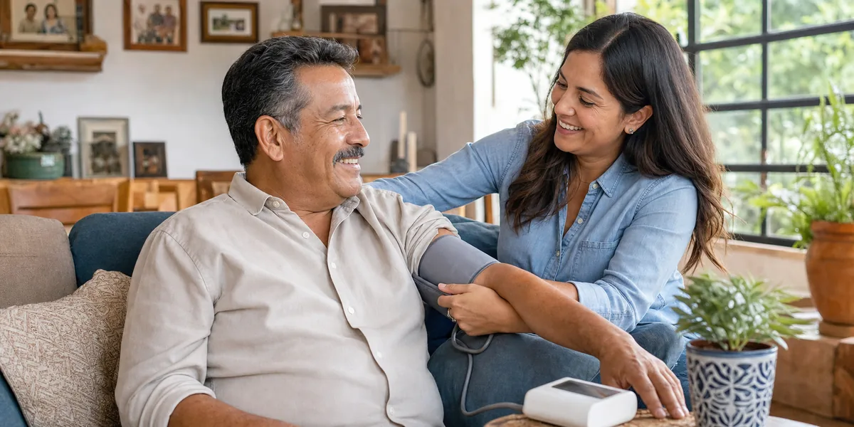 Persona tomándose la presión arterial con un tensiómetro en casa