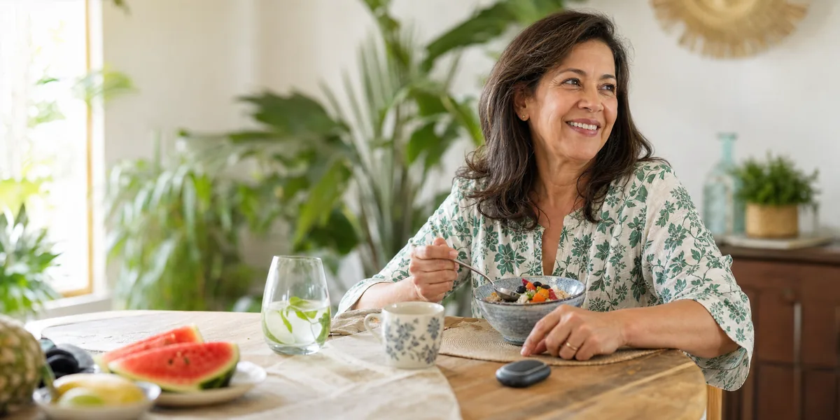 Mujer controlando sus valores de glicemia normales durante el desayuno